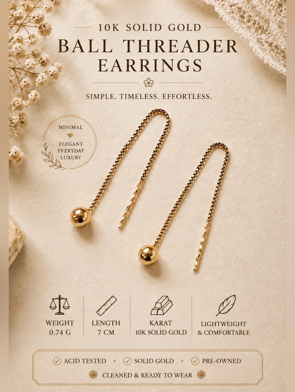 10K Solid Gold Threader Earrings with Gold Ball - 0.74g